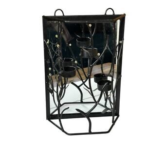 Black Metal Hanging Tea Light Candle Holder with Mirror Background Branches 12"
